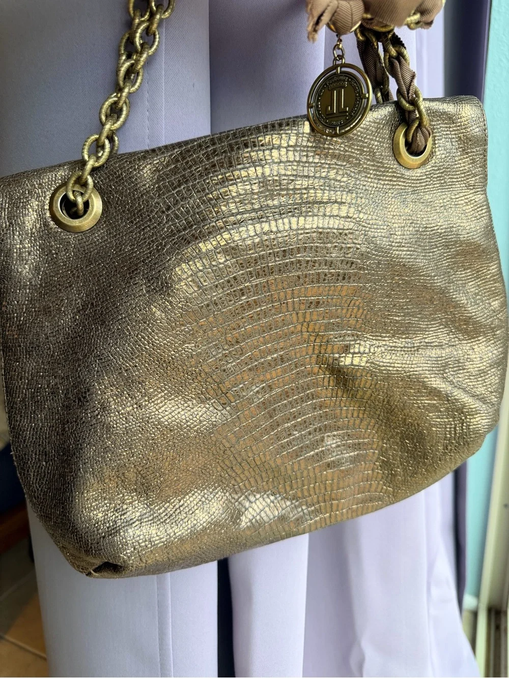 LANVIN Happy Flap Lizard-Embossed Metallic Bag with Chain Straps - 9”x12”x2”